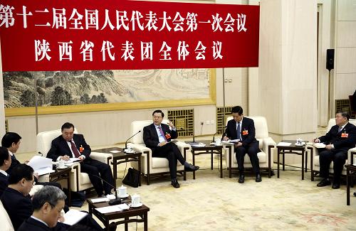 3月9日,中共中央政治局常委、国务院副总理张德江参加十二届全国人大一次会议陕西代表团的审议。新华社记者 黄敬文 摄