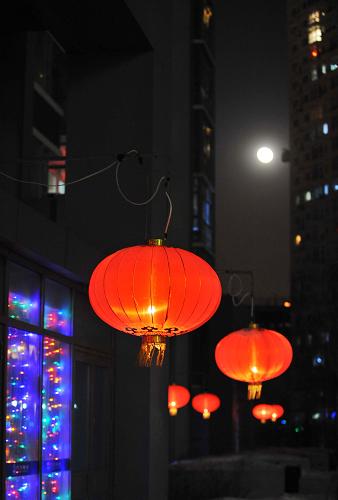 2月28日是正月十五元宵佳节,在冰城哈尔滨市,一些家庭和住宅小区内挂起红灯笼,与十五的月亮相映成趣。新华社记者 王建威 摄